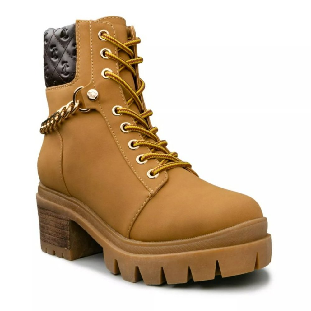 NWT Juicy Couture Tan Brown Lace Up Chain Lug Sole Combat Hiker Work Ankle Boots